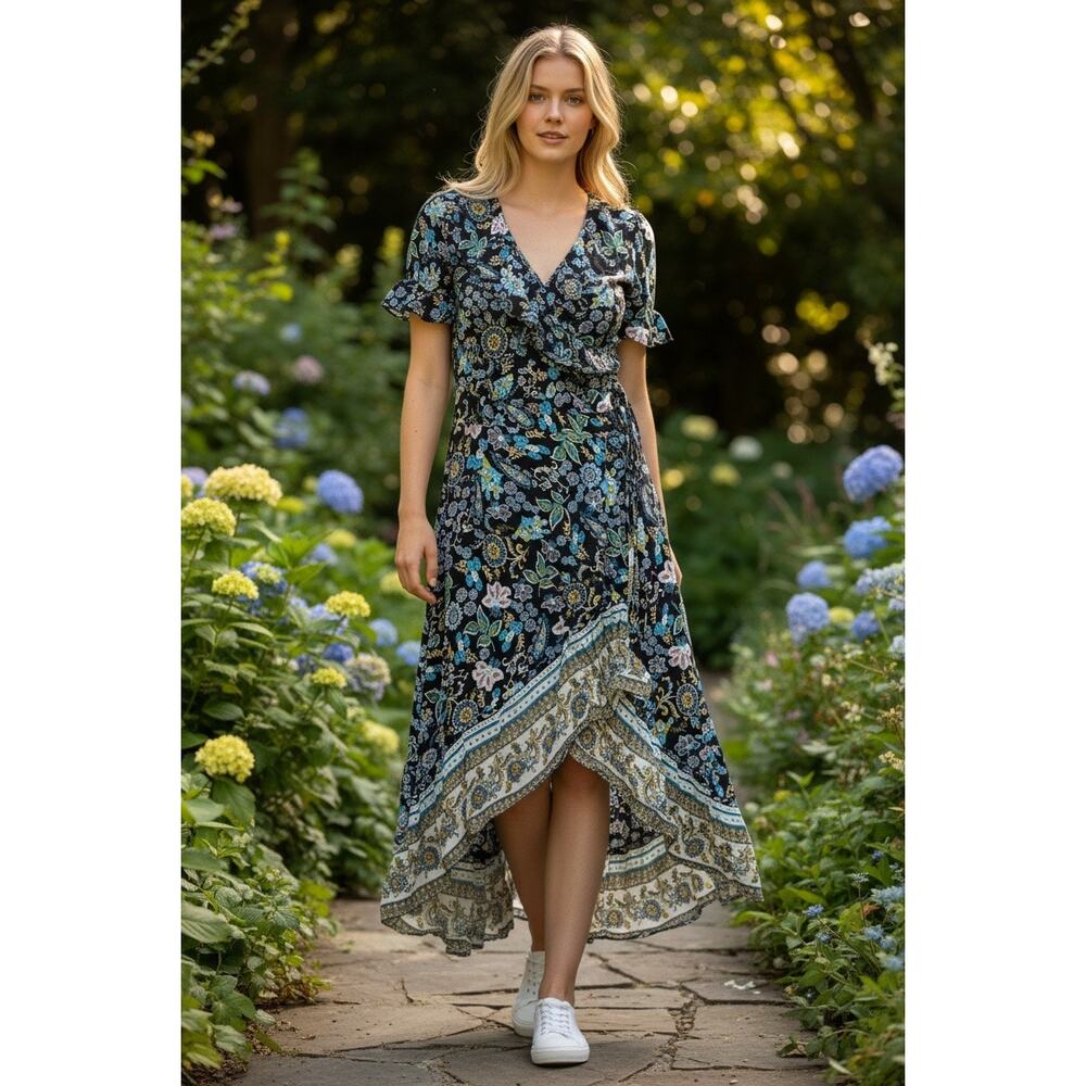 Hayden LA Black Floral Wrap Dress High Low Boho Ruffle Size Small NEW